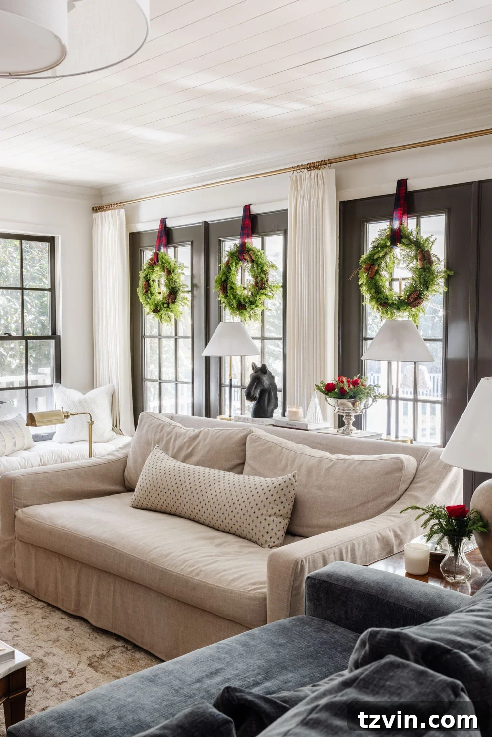 Festive Ralph Lauren Style on a Dime 8 Wreaths with tartan plaid ribbon on windows