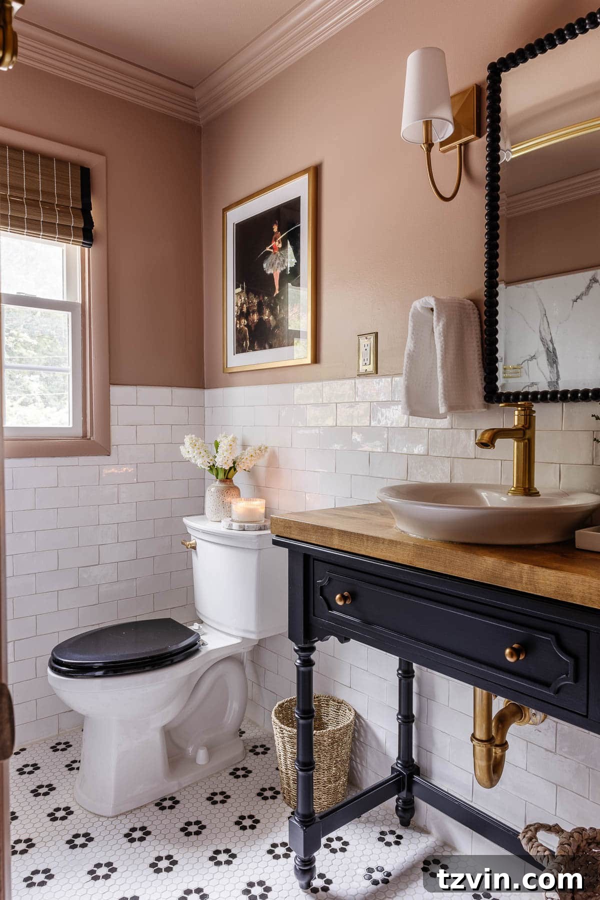 Behr Postmodern Mauve bathroom with flower hex tile floor and black and white bathroom decor