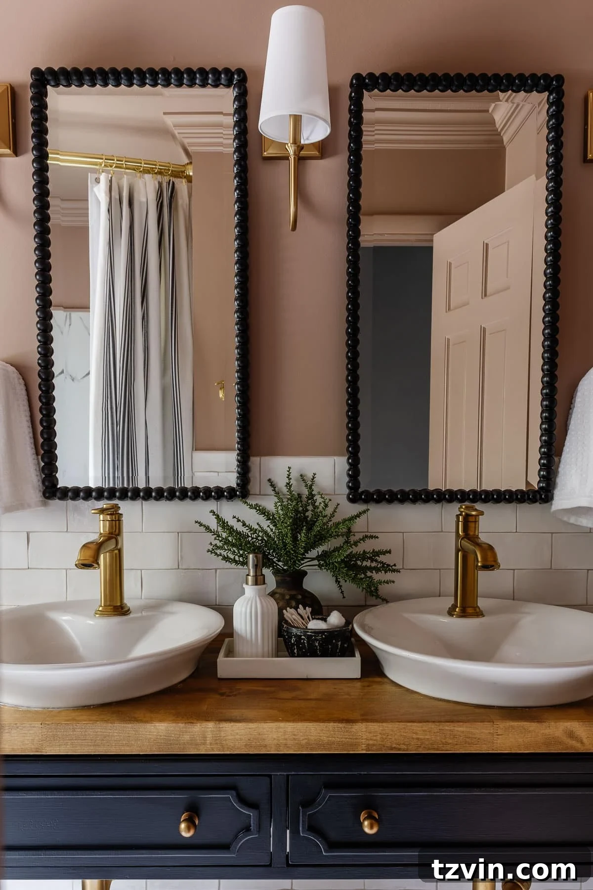 Mauve bathroom walls with black vanity
