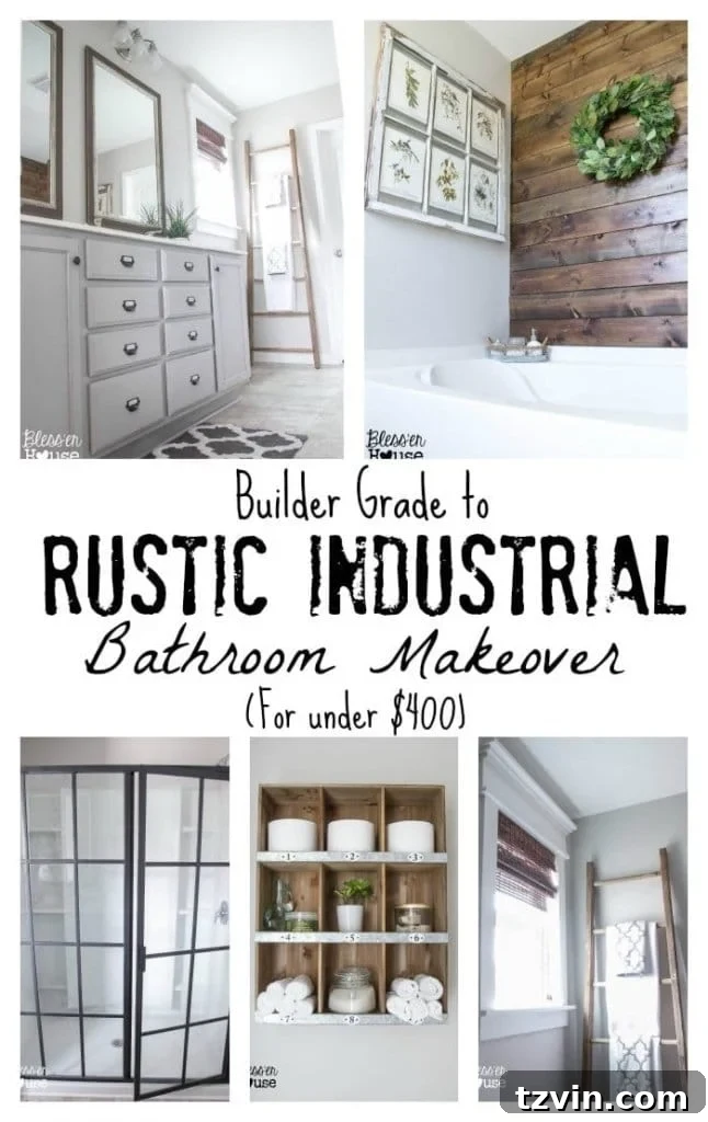 Budget Bathroom Makeover Pin | Builder Grade to Rustic Industrial | Affordable Home Renovation
