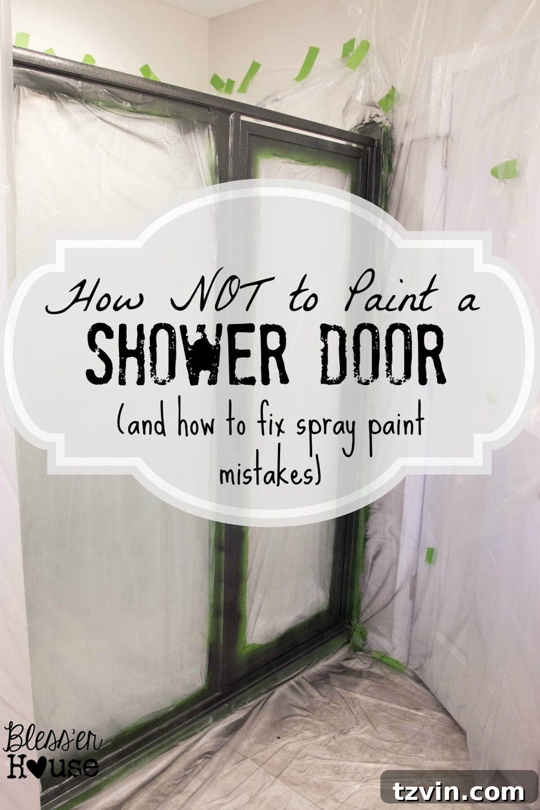 Before and after spray painting a shower door, showing the initial flawed finish
