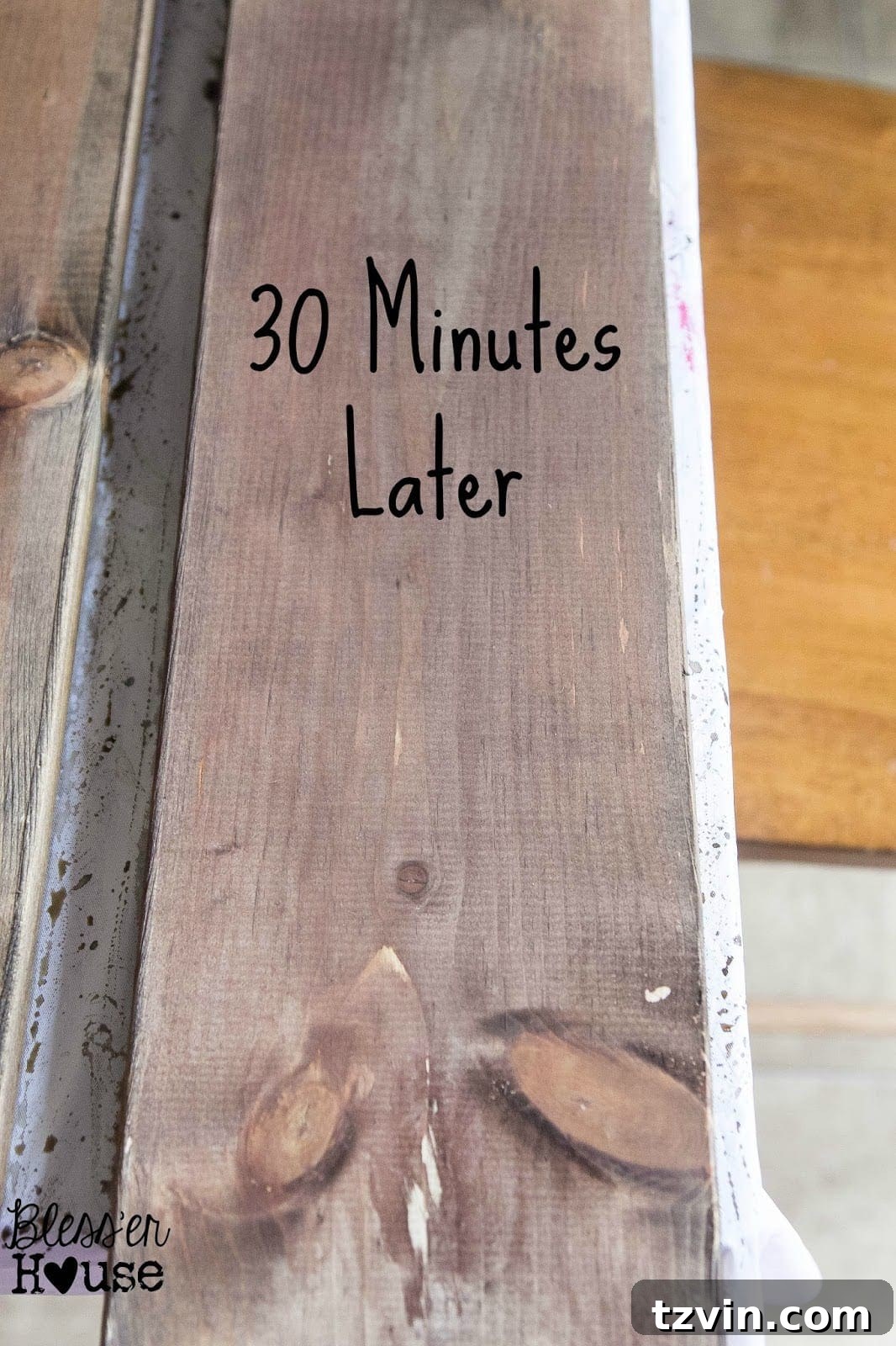 After 30 minutes, the steel wool and apple cider vinegar stain has deepened even more, now bringing out darker brown tones in the lumber. 