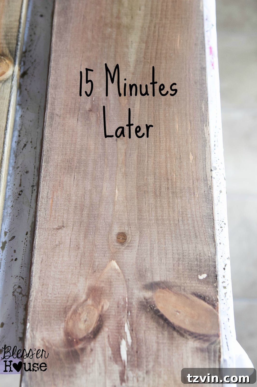 After 15 minutes, this all natural wood stain has deepened into an aged grey. 