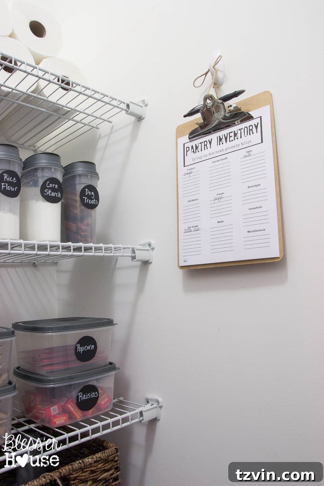 Bless'er House | The Cheapest Way to Organize a Pantry + Free Printable Pantry inventory checklist displayed in the pantry