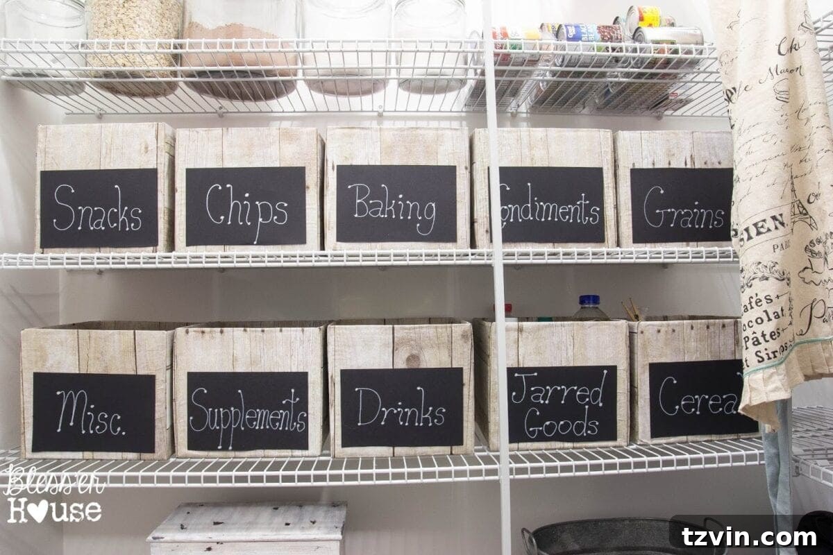 Bless'er House | The Cheapest Way to Organize a Pantry + Free Printable Organized pantry shelf with wrapped cardboard boxes