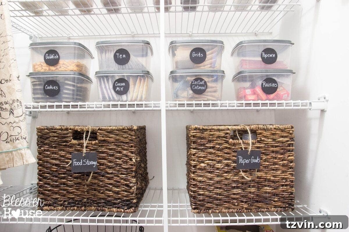 Bless'er House | The Cheapest Way to Organize a Pantry + Free Printable Dollar store containers holding dry goods in an organized pantry