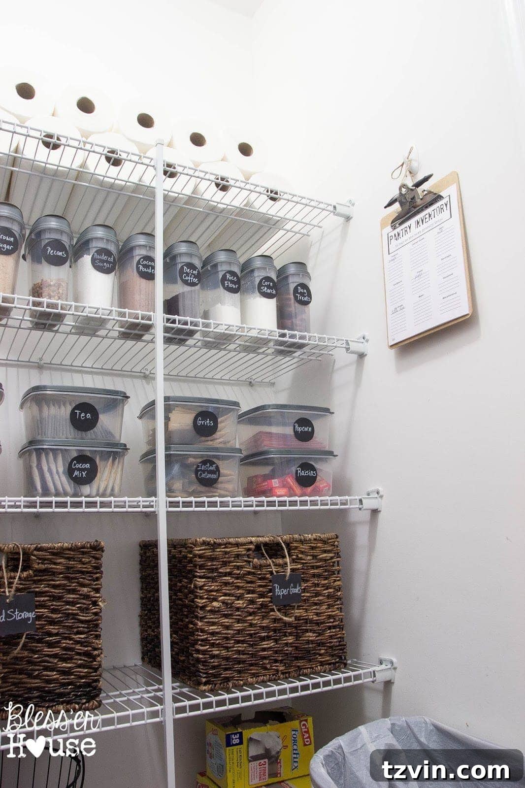 Bless'er House | The Cheapest Way to Organize a Pantry + Free Printable Repurposed baskets and containers in a neat pantry