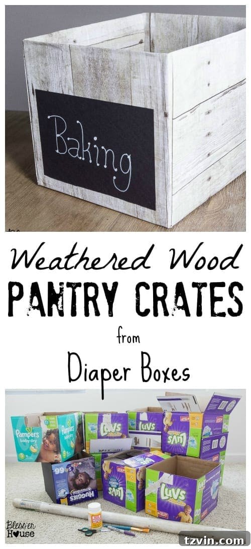 DIY weathered wood pantry crate made from a diaper box, showcasing its rustic charm and functionality.