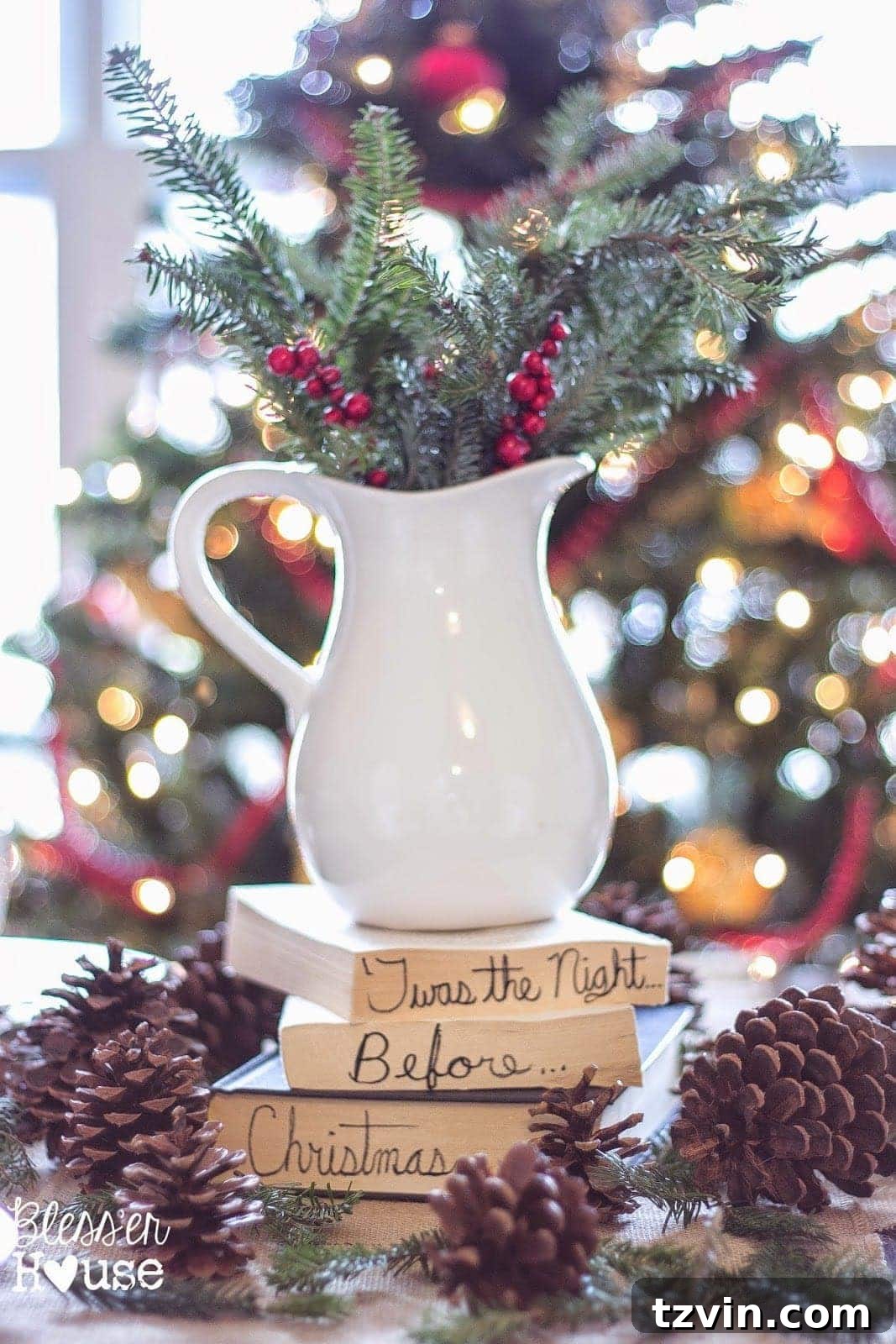 Festive Christmas Decor That Won't Break the Bank 5 A festive display featuring natural greenery and pinecones on a shelf, highlighting free outdoor elements