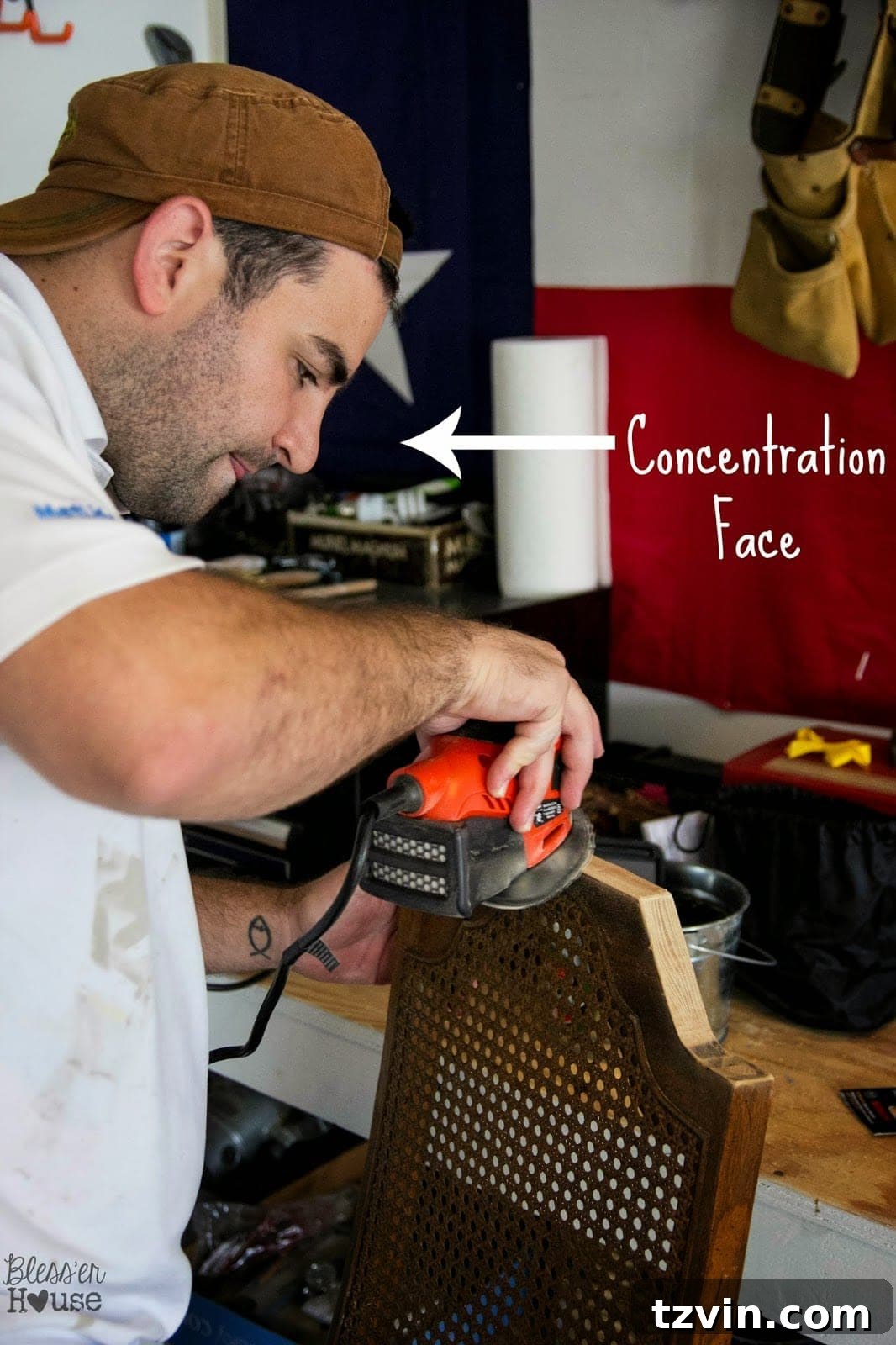 Sanding the newly cut edges of the dining chair