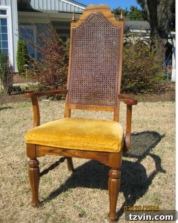 Before photo of a 1970s dining chair with Harvest Gold upholstery