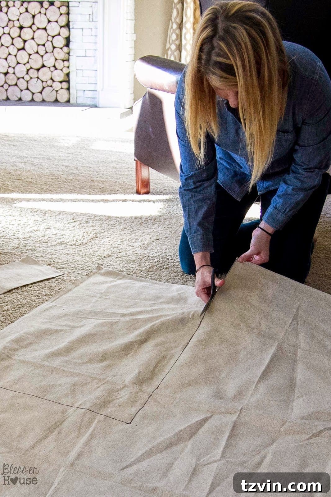 Cutting drop cloth fabric for chair upholstery