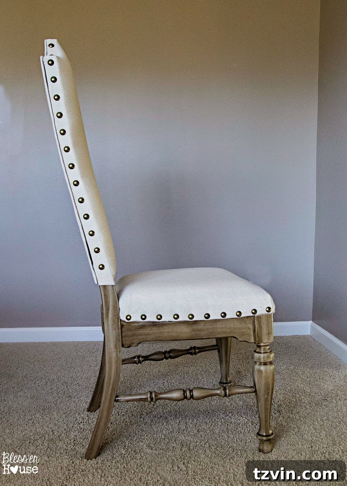 Finished Restoration Hardware style dining chair in antique gold and linen