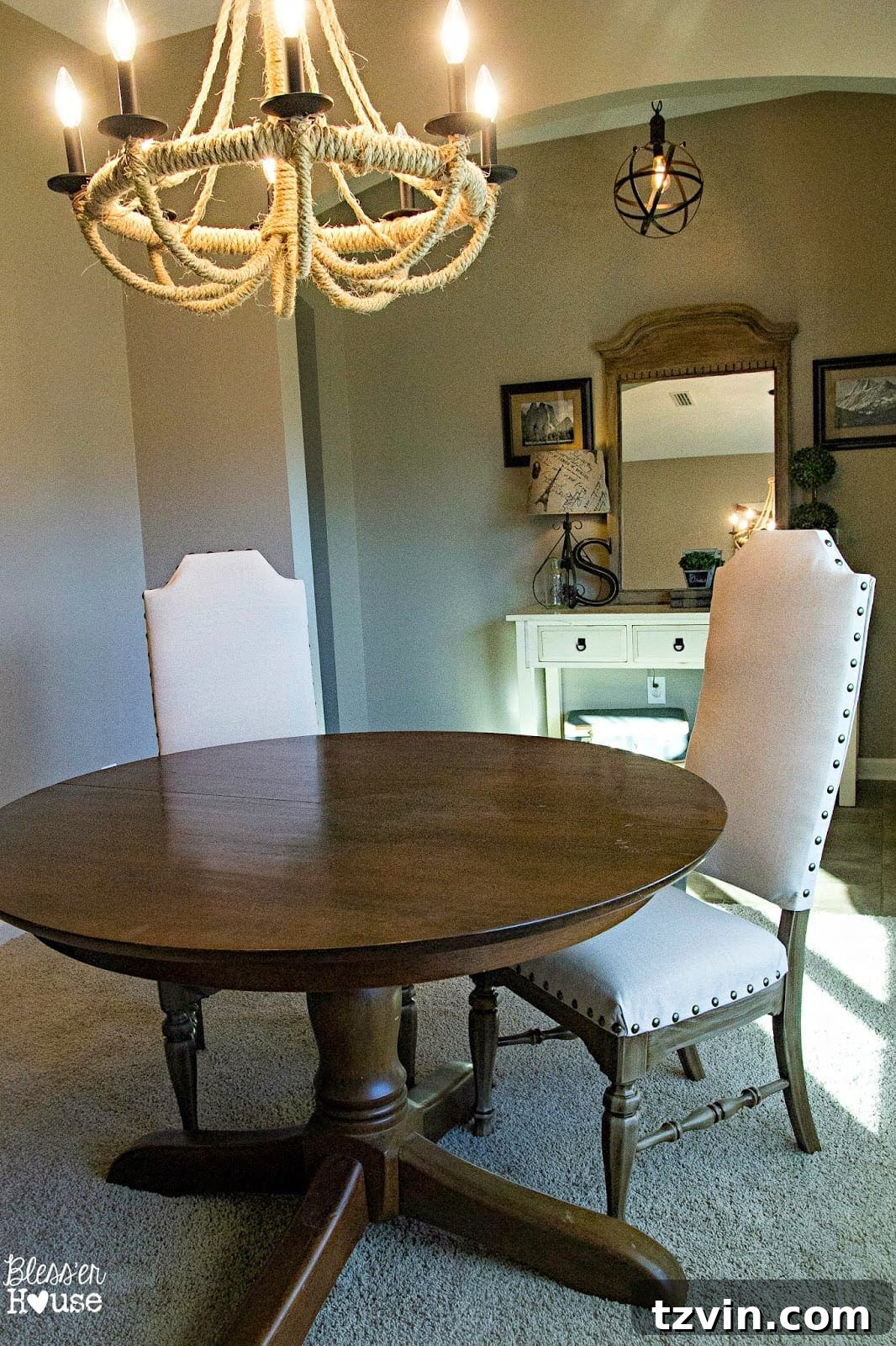 Dining room with newly upholstered Pottery Barn style chairs