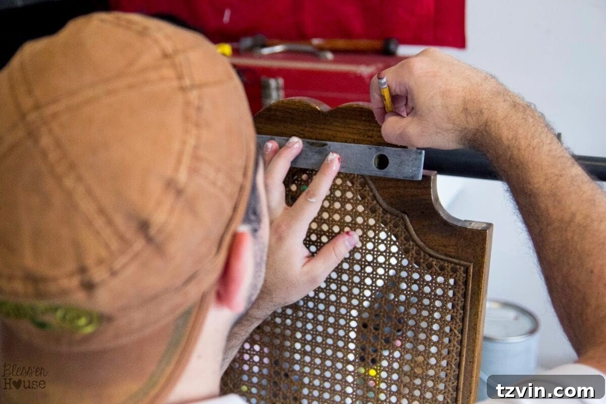 Marking a straight edge for cutting on the chair back