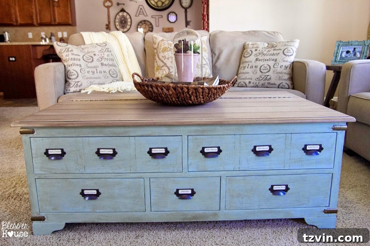 Faux Planked Card Catalog Coffee Table - After DIY Makeover