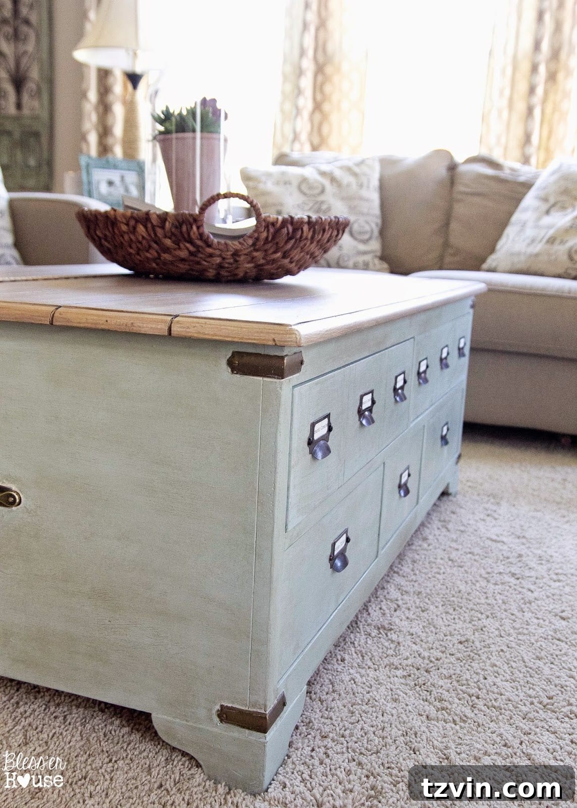 Detailed View of Faux Planked Card Catalog Coffee Table