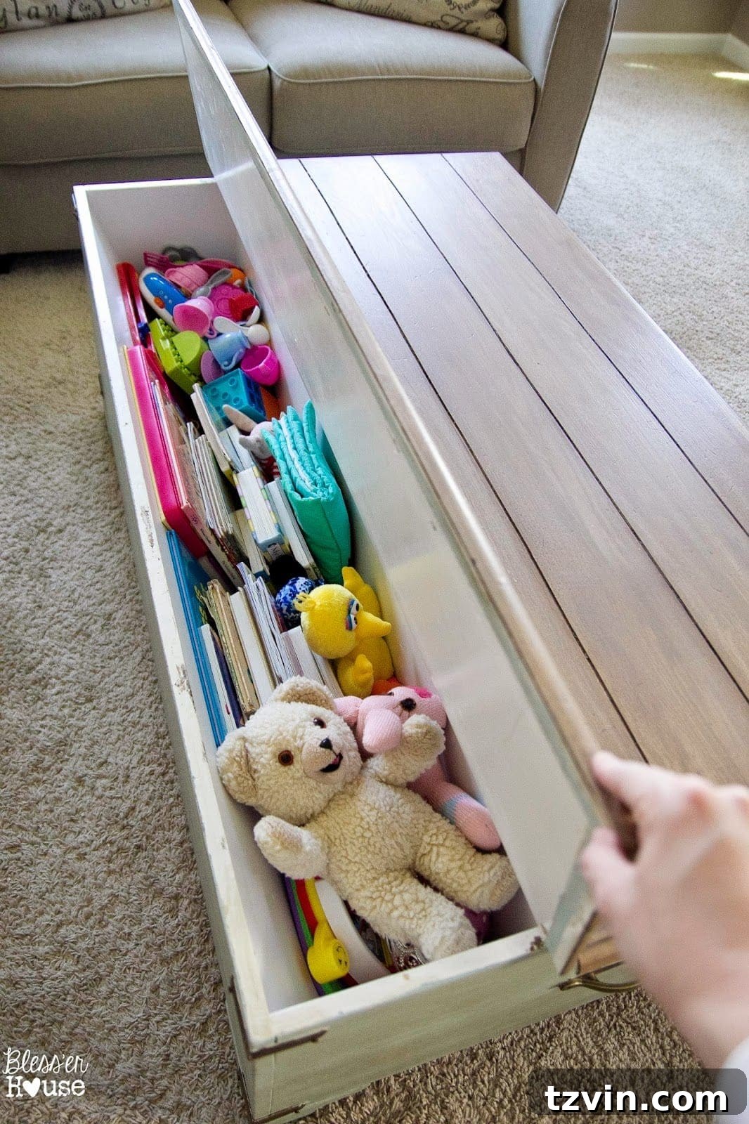 Faux Planked Card Catalog Coffee Table - Toy Storage Solution