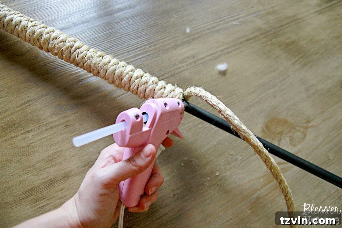 Close-up of sisal rope wrapping technique