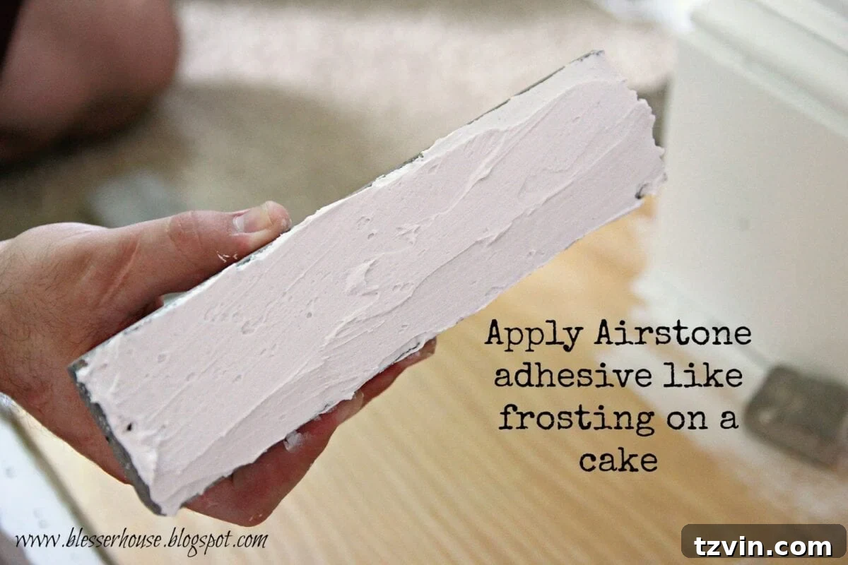 Building Your Faux Fireplace Media Console 11 Applying Adhesive to Airstone