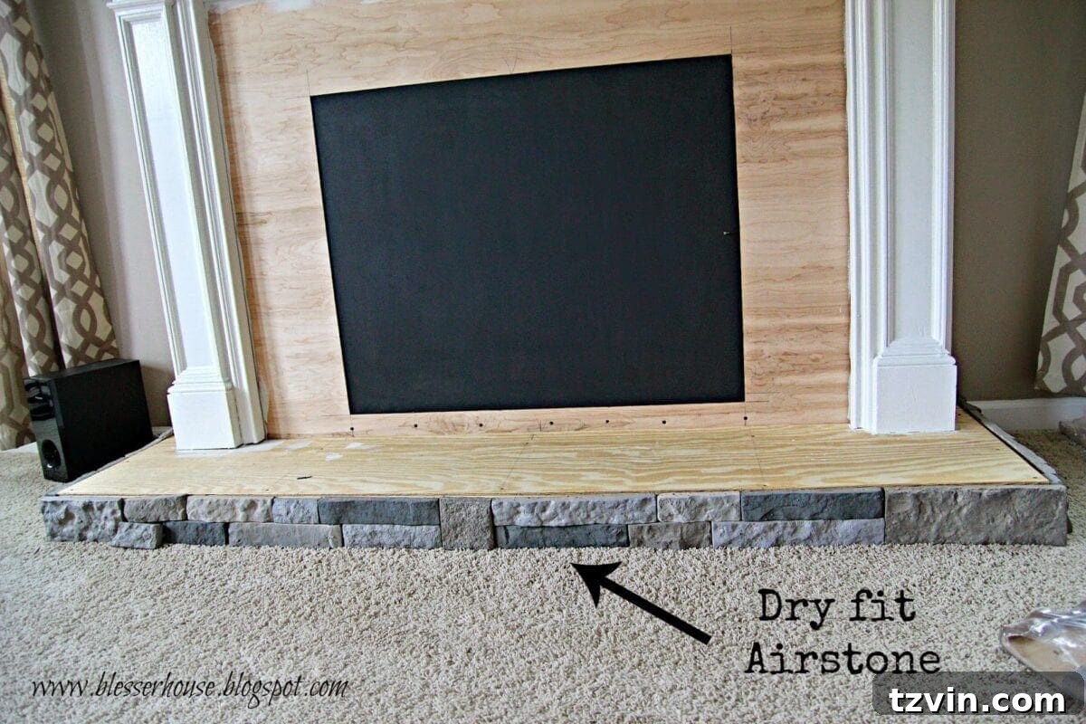 Building Your Faux Fireplace Media Console 5 Dry-fitting Airstone on the Hearth