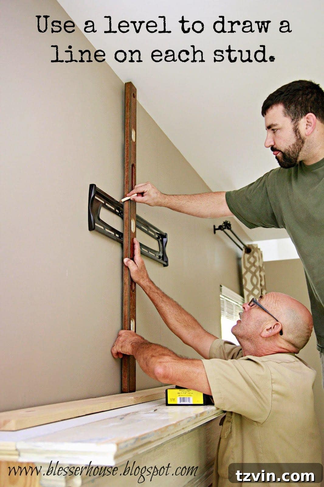 Marking stud locations with a pencil and level on the wall before plank installation to ensure secure fastening.