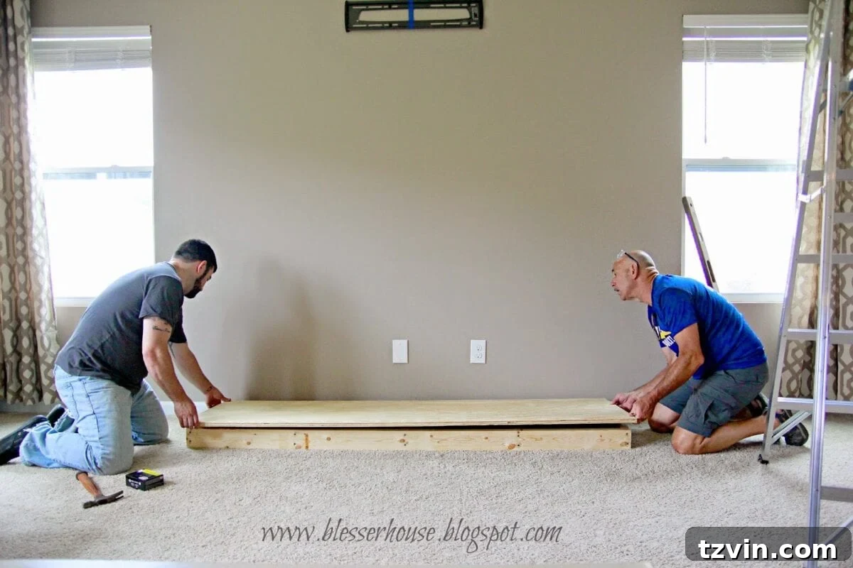 Plywood top laid perfectly onto the hearth frame