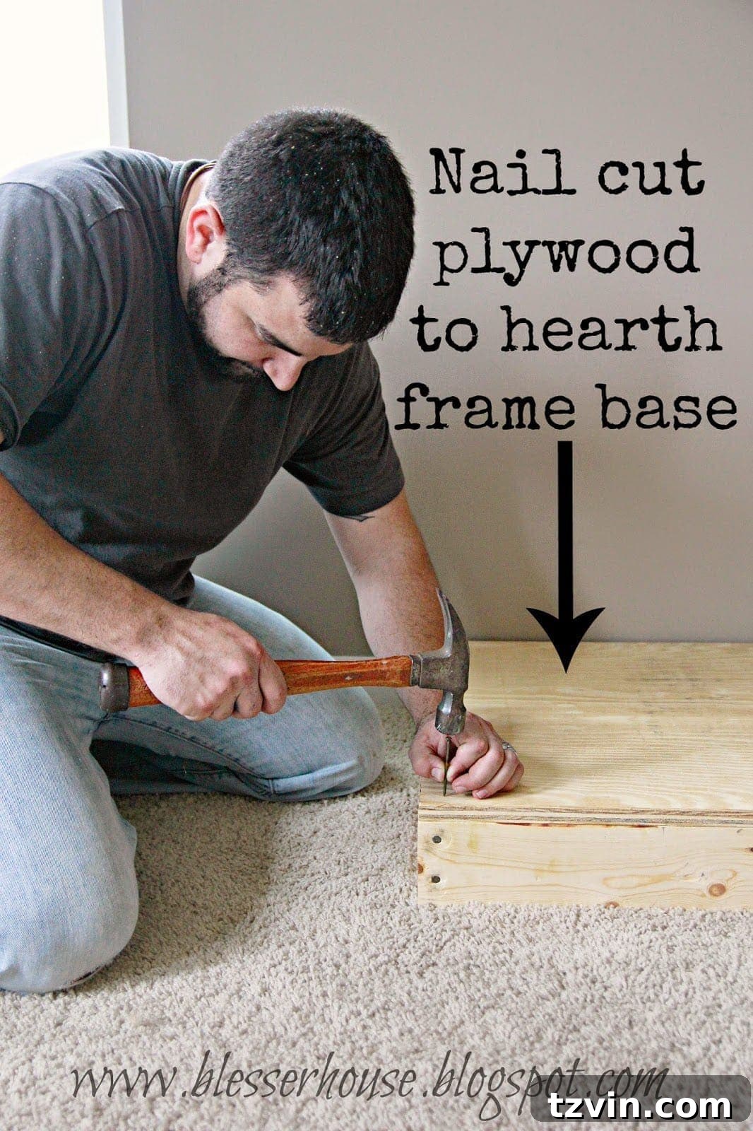 Hearth top being nailed into the wooden frame base