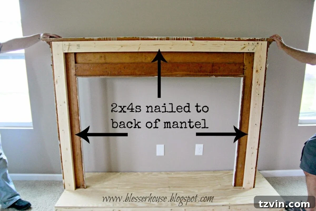 2x4s being nailed inside the mantel frame for wall anchoring