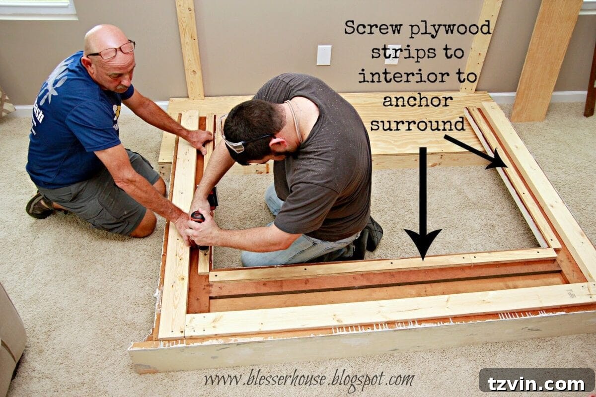 Plywood strips screwed to the back of the mantel for surround attachment