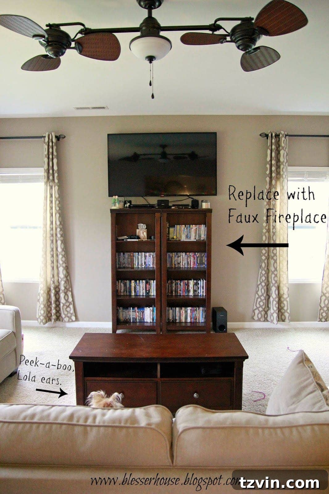 Before image of the living room with cluttered shelves