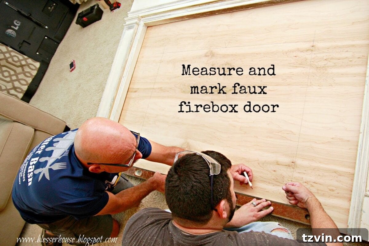 Faux fireplace with marked outline for the hidden firebox door