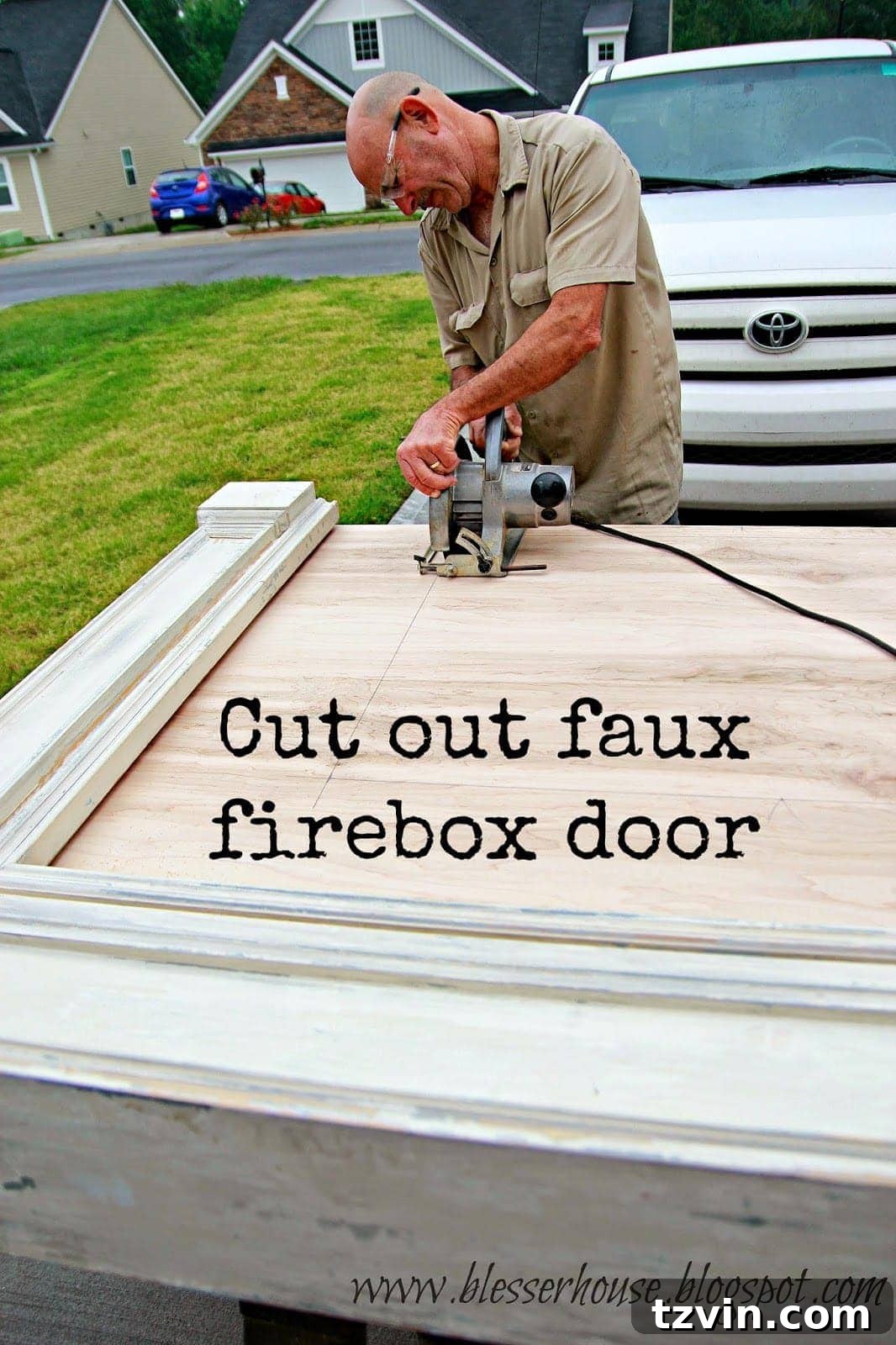 Man expertly cutting the firebox door opening with a circular saw