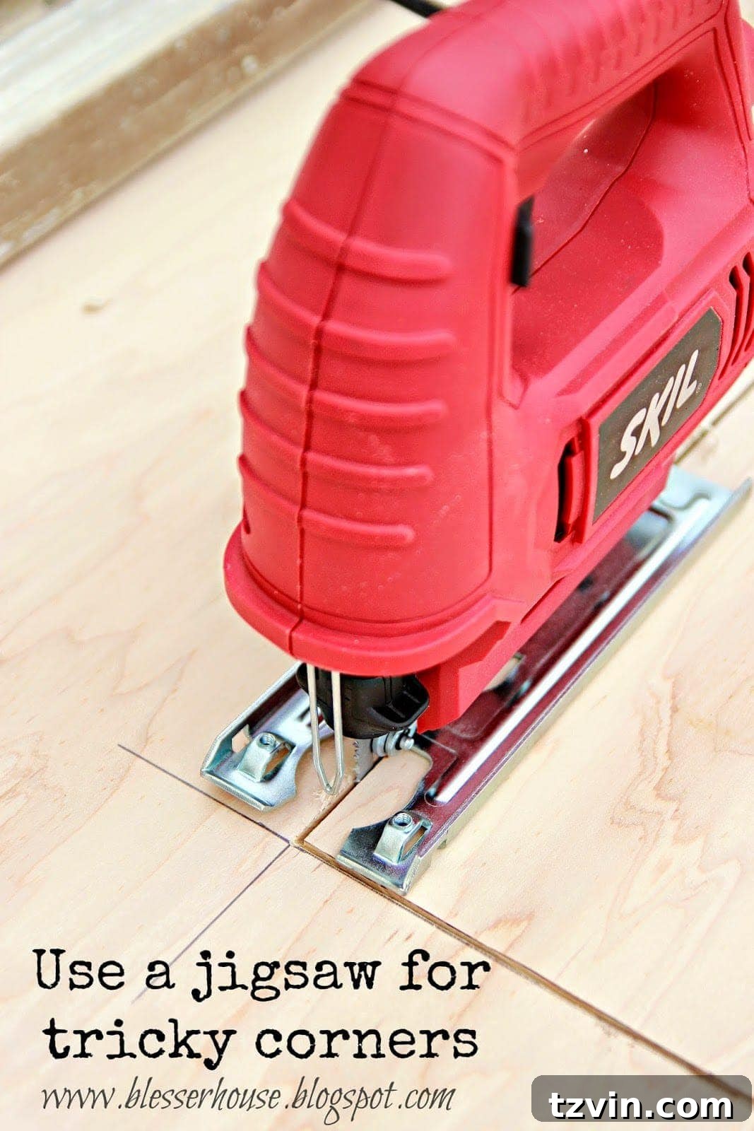 Man using a jigsaw for precise corner cuts on the firebox door