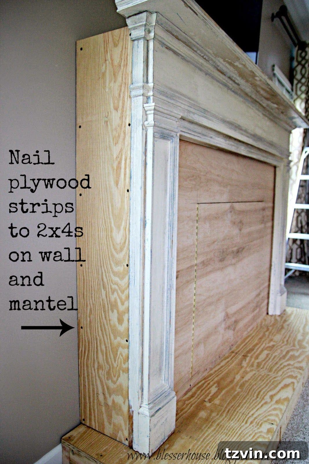 Plywood strips securing the mantel to the wall frame