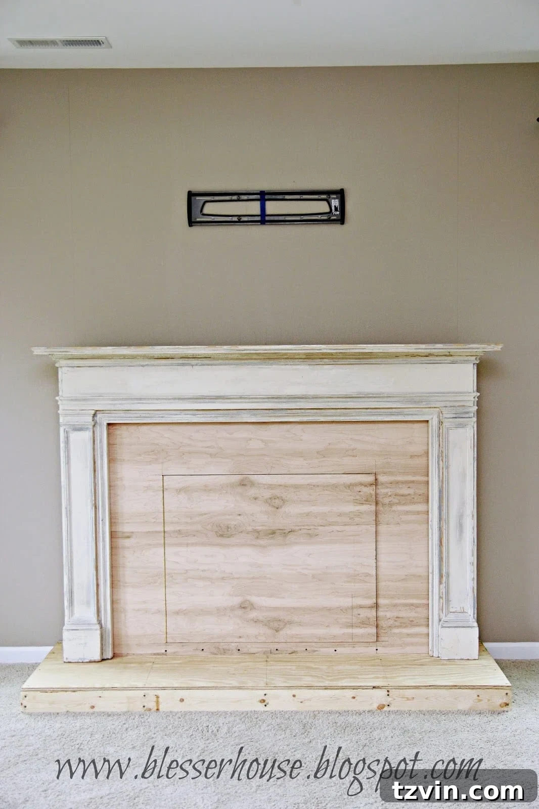 The completed faux fireplace structure, ready for finishing