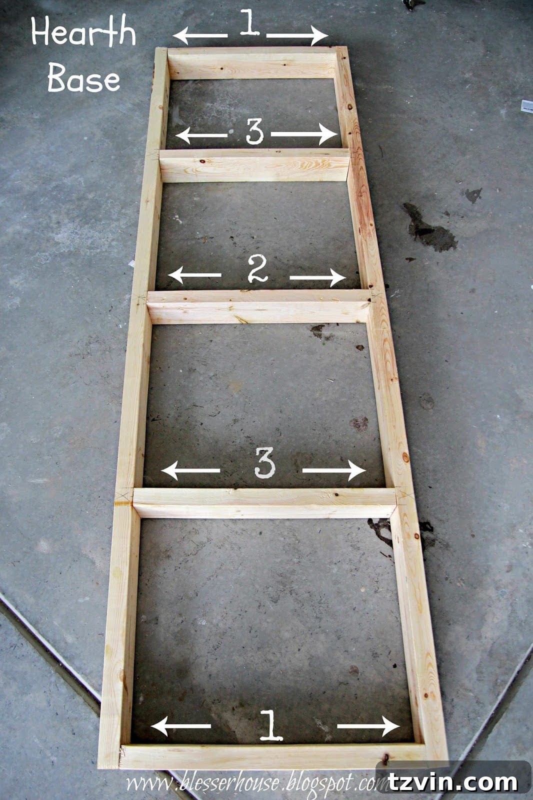 Diagram showing the 2x4 framing for the hearth base