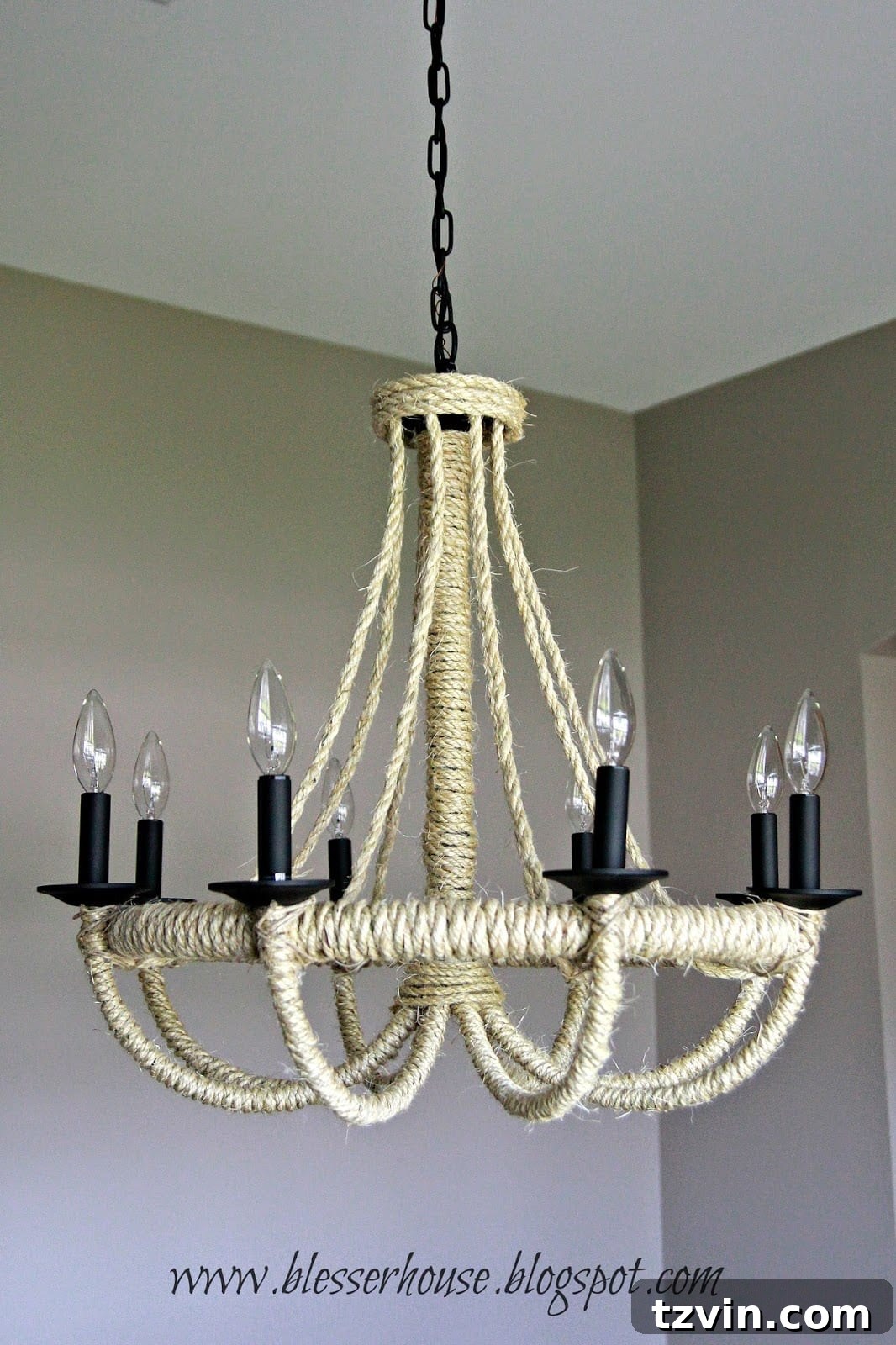 Finished DIY Rope Chandelier hanging in the dining room