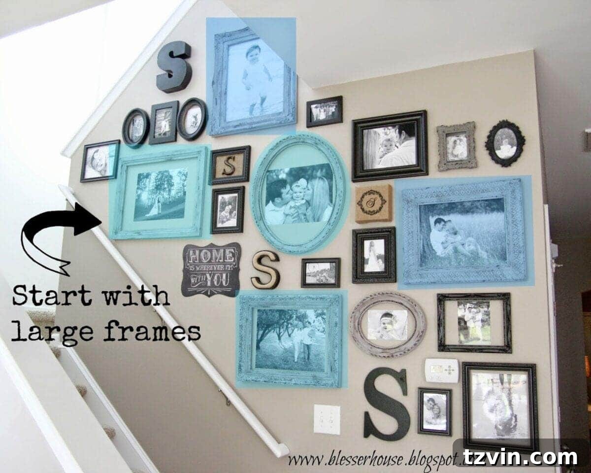 Gallery wall layout starting with large anchor frames