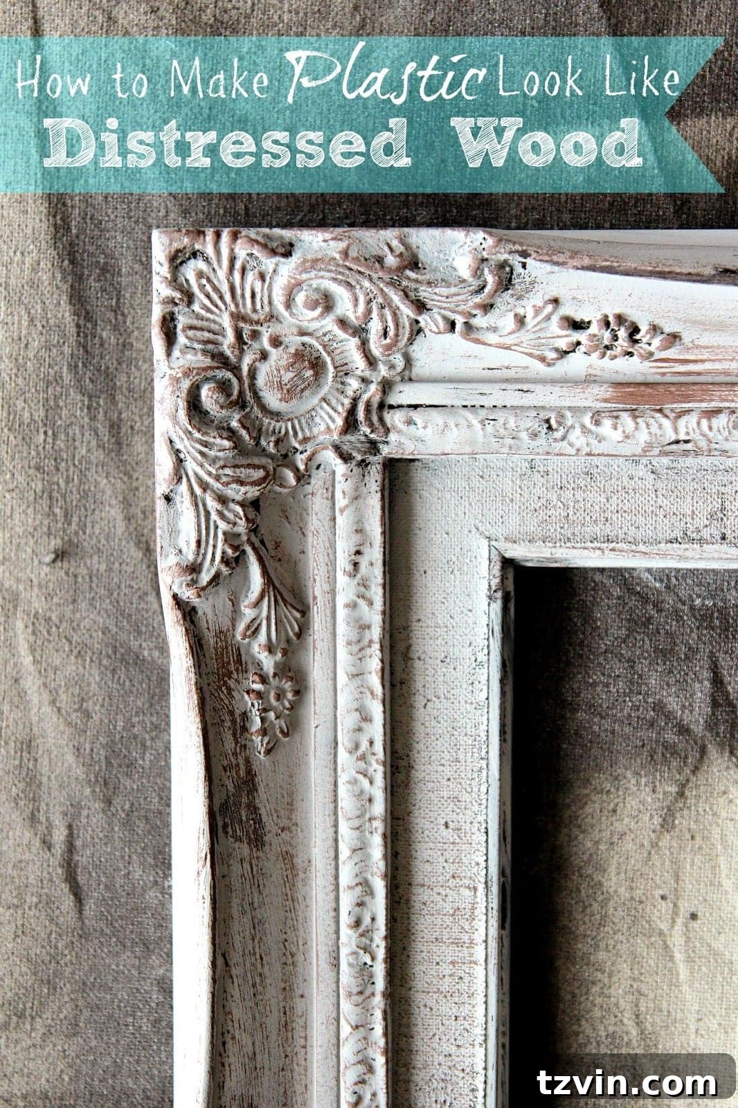 Close-up of a plastic frame successfully distressed to look like wood