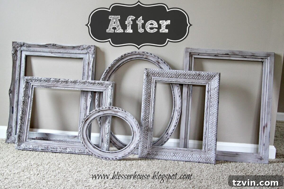A collection of distressed and painted frames awaiting assembly for a gallery wall