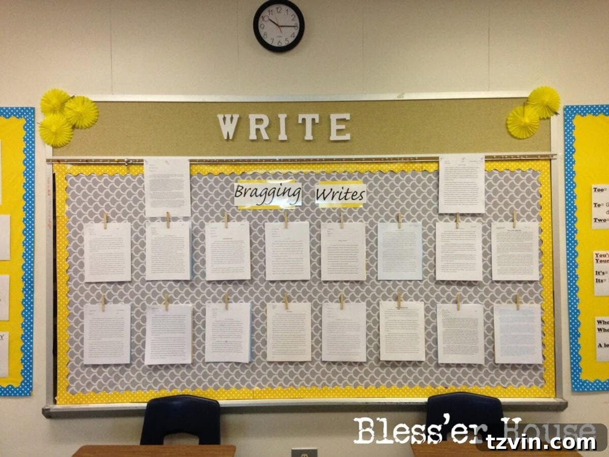 Bragging Writes Wall displaying exemplary student essays.