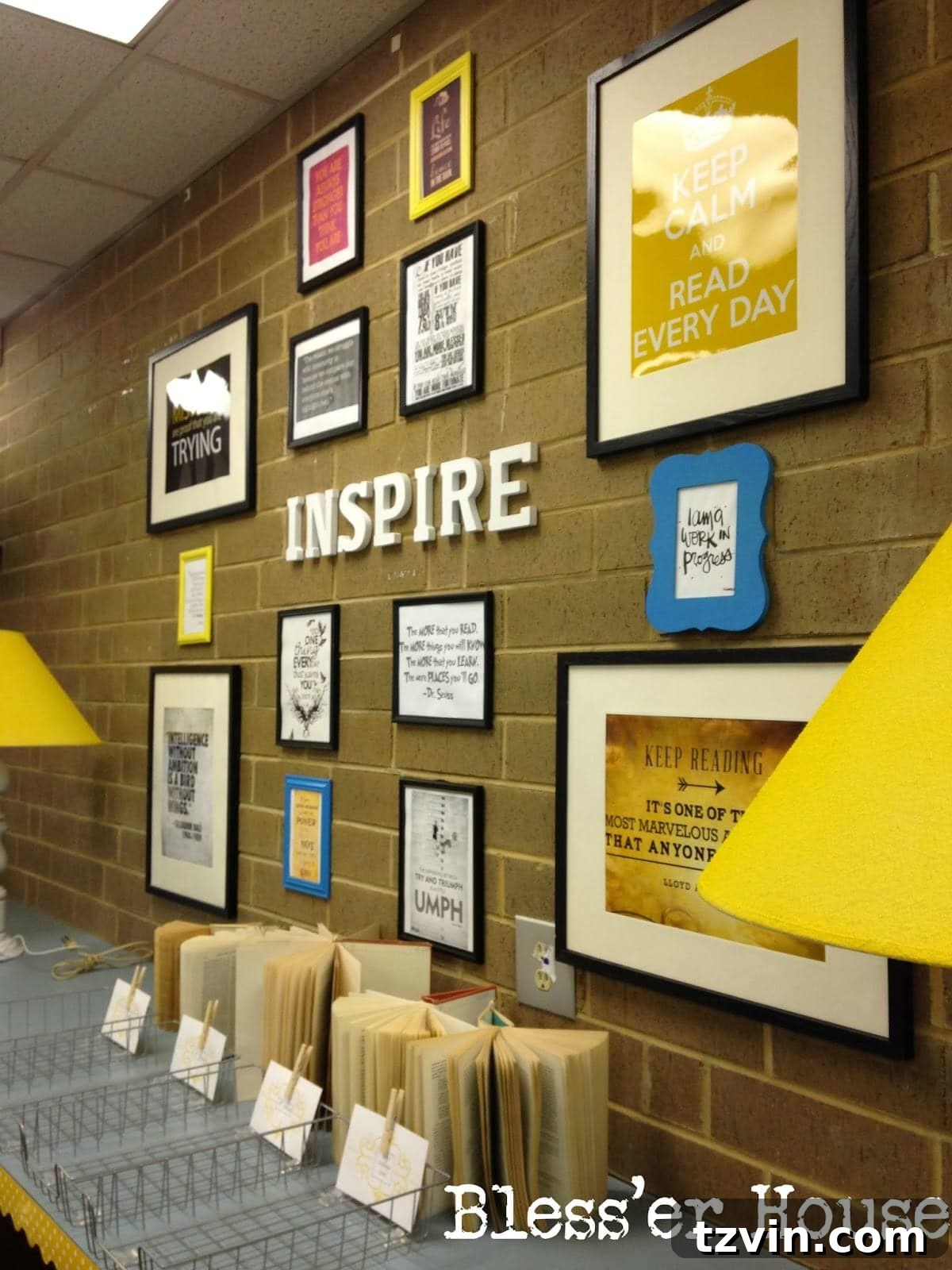 Another section of the quote wall with various framed quotes.