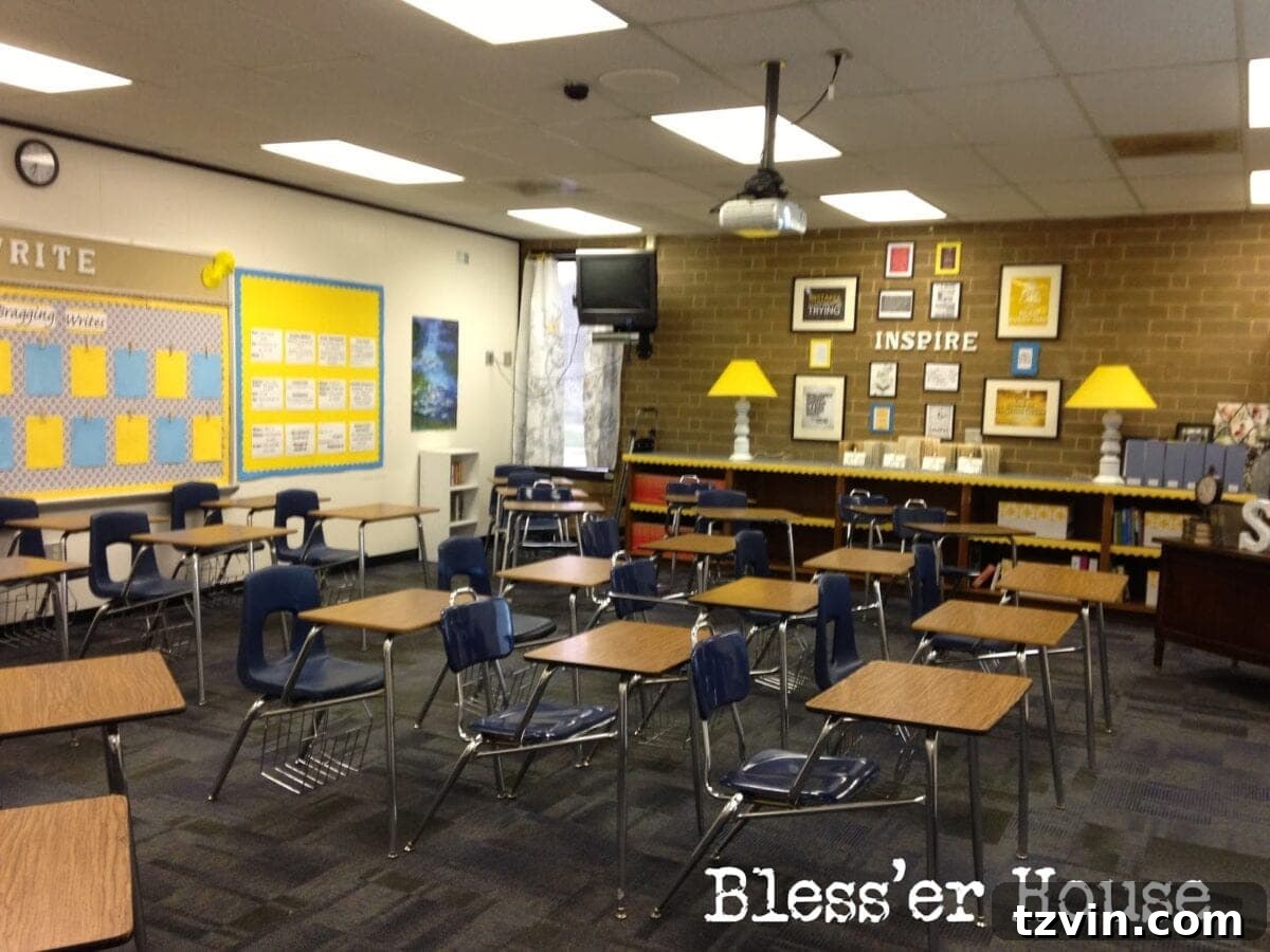 Corner of the classroom with lamps and framed quotes.