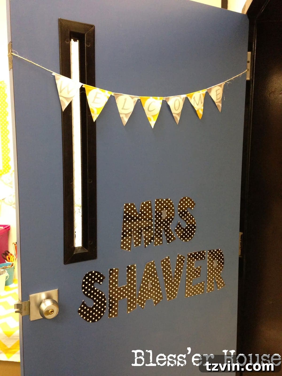 Welcome door with bunting and 