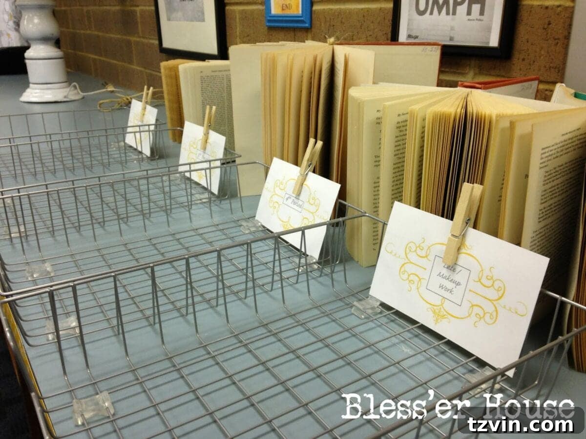 Turn-in trays for assignments, decorated with books.