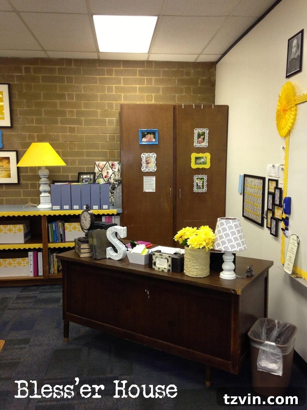 Teacher's desk with personal touches and organization.