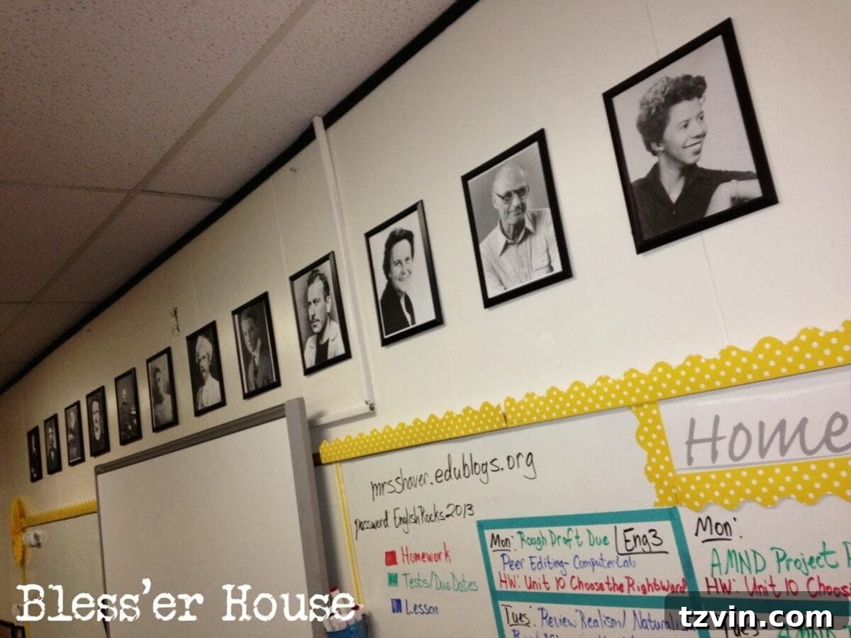 Author Wall with framed portraits.