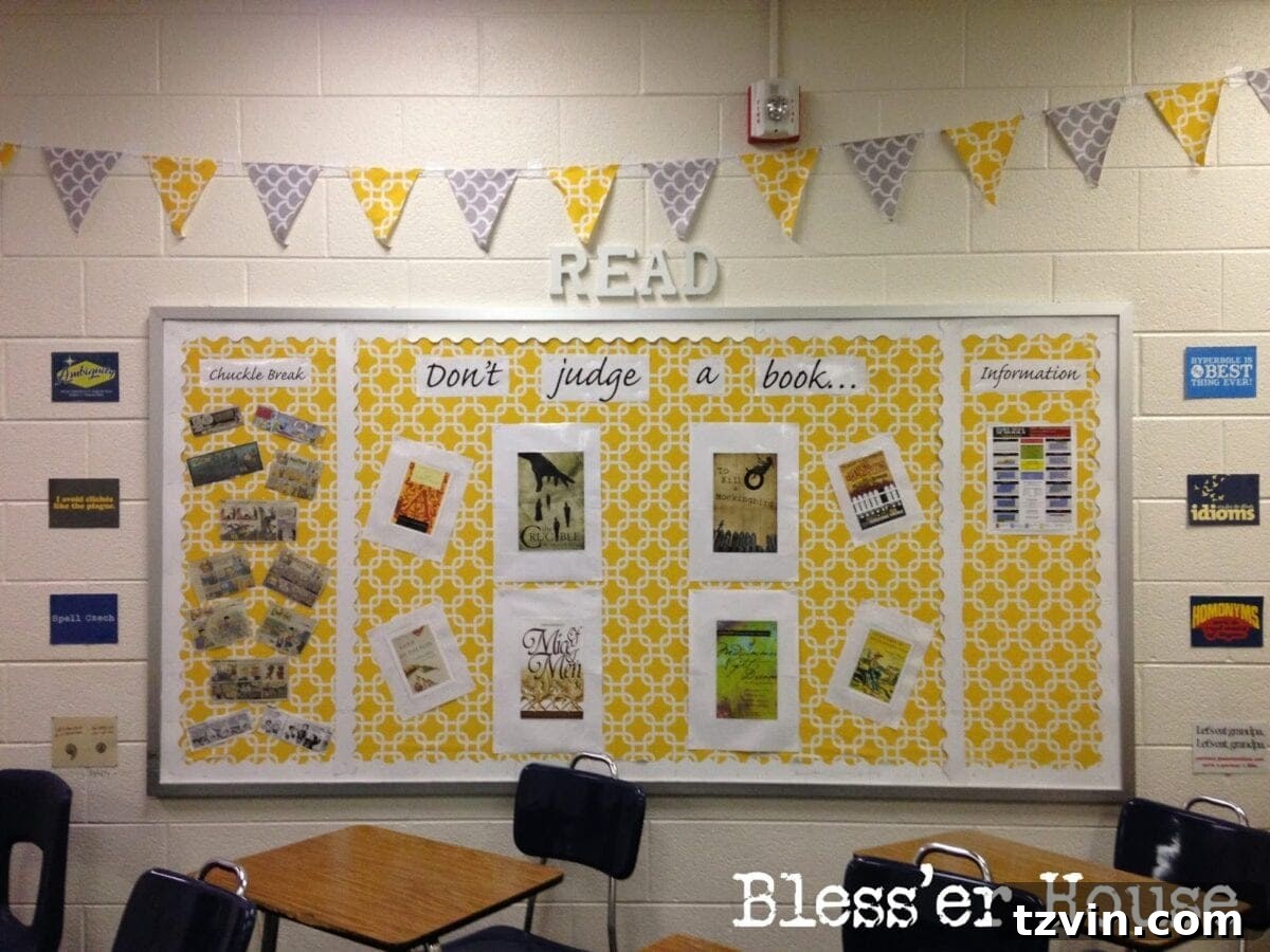Creative bulletin board with yellow accents and 