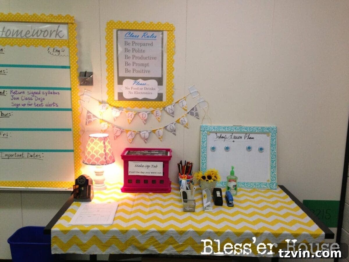 Close-up of the student station with organized supplies.